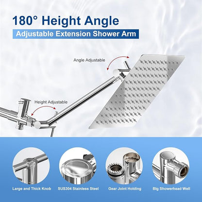 Shower Head, 8'' Rain Shower Head with Handheld Spray, High Pressure Rainfall Showerhead Combo with Adjustable Shower Extension Arm 5 Modes Handheld Shower Heads Detachable Dual Shower, Chrome