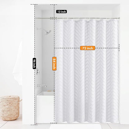 Extra Long Shower Curtains 72 x 84 Inches White Tufted Chevron Striped Fabric Shower Curtains for Bathroom Modern Shabby Chic Waterproof Cloth Shower Curtain, White