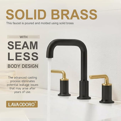 Black and Gold Bathroom Faucet, Modern Bathroom Faucet | 8 inch Widespread Bathroom Faucet 3 Hole with Drain Assembly Supply Line, Solid Brass Lead-Free Vanity Faucet, BF503-GB