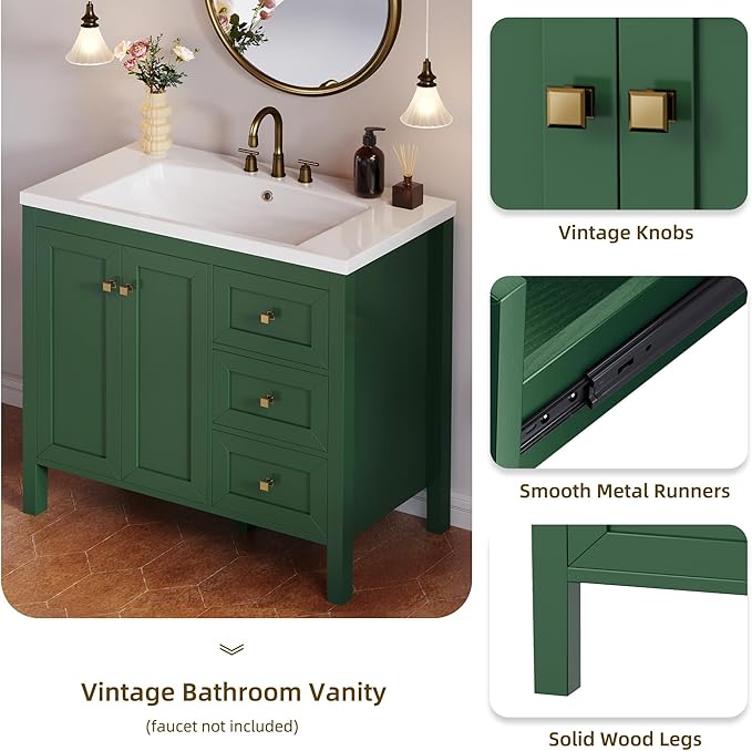 DWVO 36 Inch Bathroom Vanity with Sink Combo, Modern Bathroom Storage Cabinet with Resin Basin, Three Holes, 2 Doors & 3 Drawers, Green