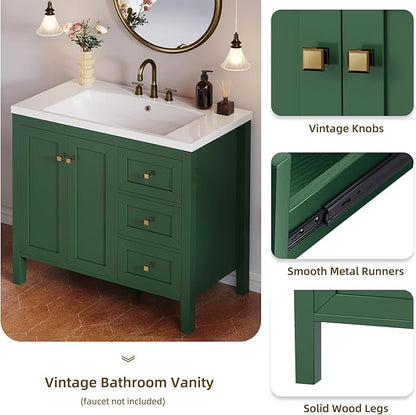 DWVO 36 Inch Bathroom Vanity with Sink Combo, Modern Bathroom Storage Cabinet with Resin Basin, Three Holes, 2 Doors & 3 Drawers, Green