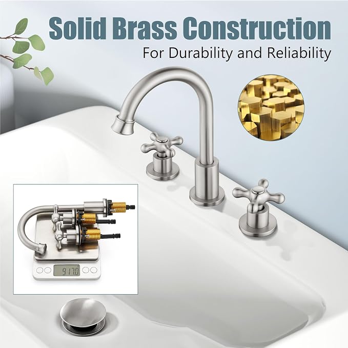 3 Hole Bathroom Sink Faucet Widespread Metal Label Brushed Nickel | High-Arc Swivel Spout,Pop Up Drain,Cross Handle,cUPC Hose,for 6-16″Centerset Basin,Farmhouse,RV,Vanity,Lavatory 8" Mixer Tap