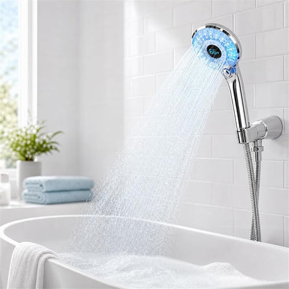 LED Shower head with Temperature Display with 59" Stainless Steel Hose | Temperature Display Sensor Light up with 3 Color, Water Saving Showerhead with Shower Adapter