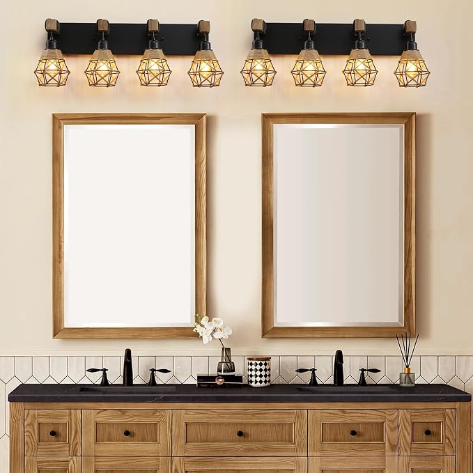 LmnLvn 4-Light Bathroom Vanity Light, Boho Farmhouse Hemp Rope Cage Shade | Wood & Black Metal Frame, Rustic Vanity Lighting, Mounted Over Mirror, Easy To Install for Restroom, Bedroom & Hallway