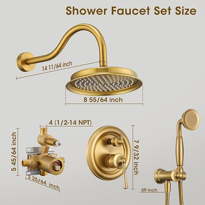 Rain Shower Head with Handheld Spray, Rainfall Shower System with Rough-in Valve, Luxury Shower Trim Kit Wall Mount, Brushed Gold