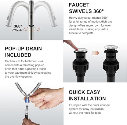KENES Brushed Nickel Widespread Bathroom Faucet with Sprayer, 8 Inch 3 Hole Bathroom Sink Faucet with Pull Out Sprayer, Pull Down 2 Handle Vanity Faucet with Pop Up Drain & Supply Lines LJ-9068