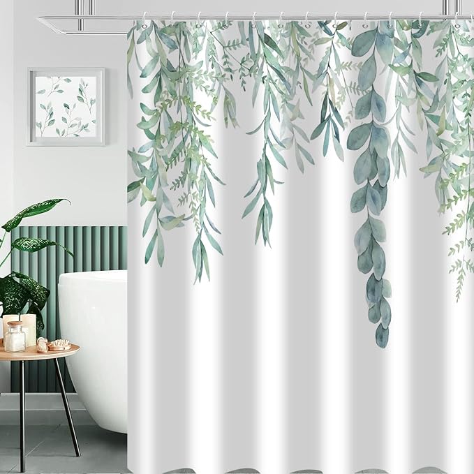 Botanical Shower Curtains, Watercolor Eucalyptus Leaf Plant Green Bathroom Curtain for Bathtub Home Decoration Waterproof Fabric Machine Washable with 12 Hooks