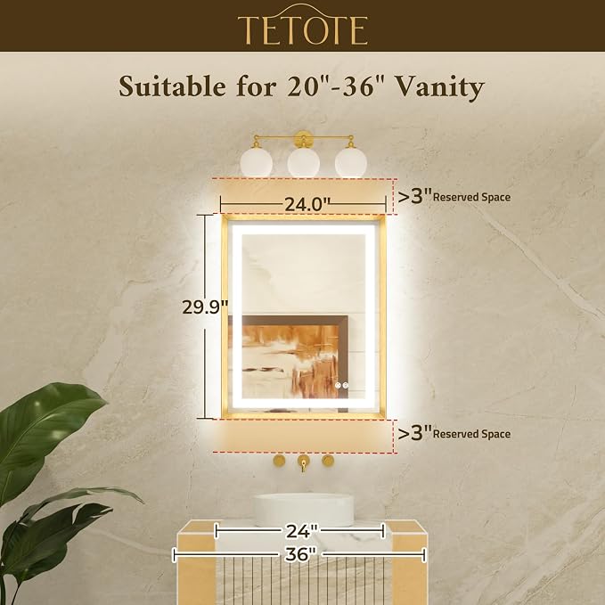 24 x 30 Bathroom Mirror Brushed Gold Metal Frame Frontlit & Backlit Vanity Mirror 3 Colors White/Warm/Natural Stepless Dimmable Anti-Fog Bathroom Mirrors for Vanity Wall-Mounted