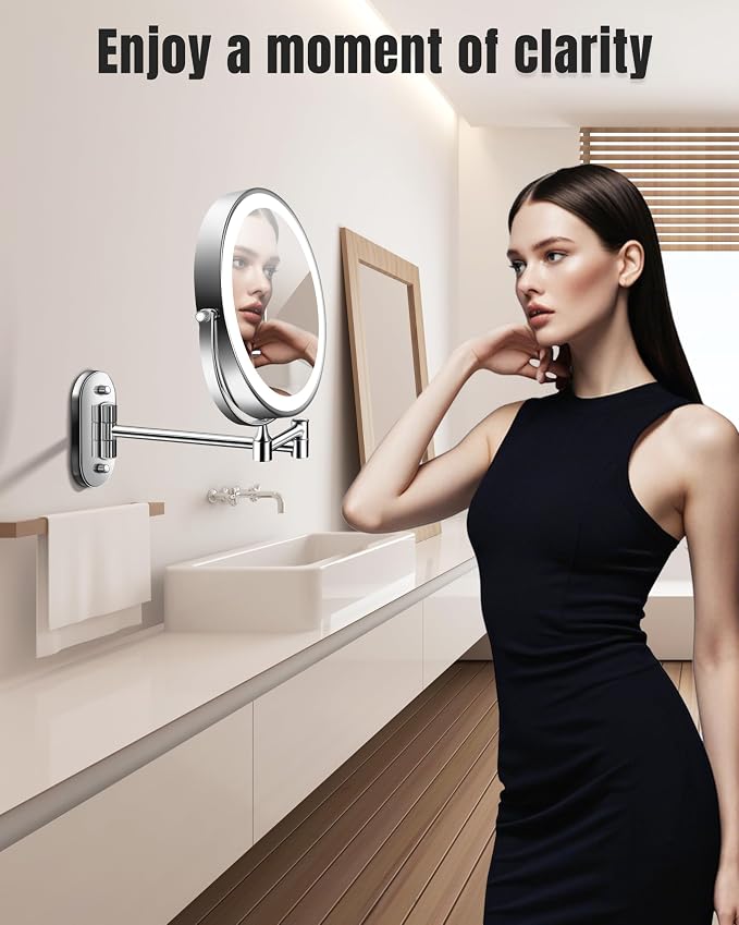 30X/1X 8 Inch Wall Mounted Magnifying Makeup Mirror with Light for Bathroom | 3500mAh Double Sided Rechargeable LED Lighted Vanity Mirror with Magnification 3 Color Light up Extended Arm 360 Rotation