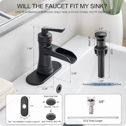 Matte Black Bathroom Faucet 1 Hole, Brass Waterfall Bathroom Faucets 3 Hole 4 Inch Single Handle with Pop-up Drain, Deck Plate, Pre-Installed cUPC Hose for Lavatory, Farmhouse, 5 Mins Install