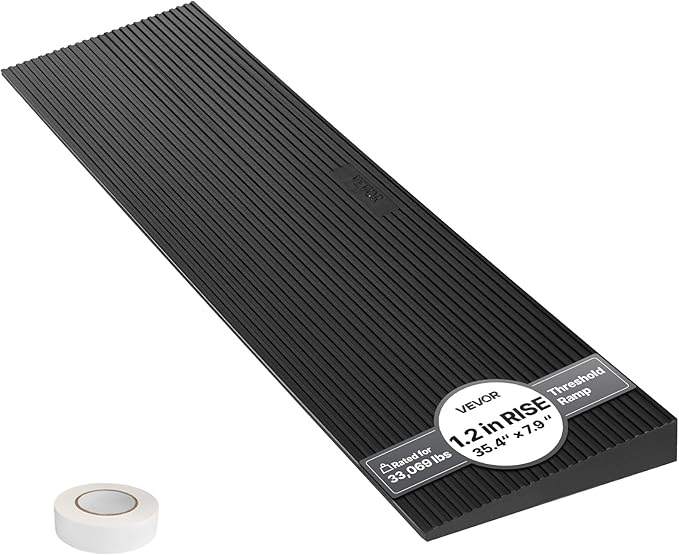 VEVOR 1.2" Rise Cuttable Threshold Ramp for Doorways, 35.4" Wide Natural Rubber Wheelchair Ramp, Non-Slip Solid Rubber Ramp with Double-Sided Tape for Doorways, Driveways, Bathroom, Smooth Tile