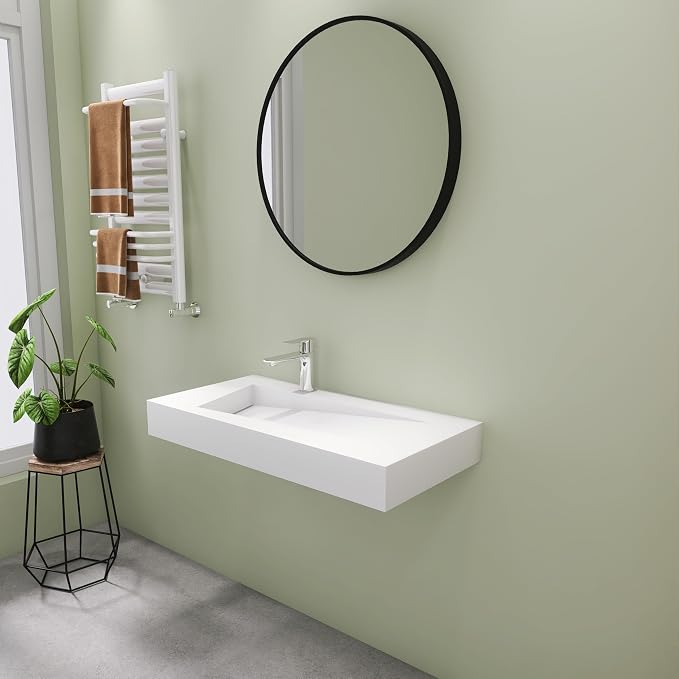 SJ Star&Jane 35" x 18" Solid Surface Bathroom Sink, Wall-Mount or Countertop Vessel Sink, Floating Vanity Sink, Pre-installed Faucet Holes, Durable Modern Design