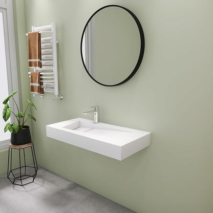 SJ Star&Jane 35" x 18" Solid Surface Bathroom Sink, Wall-Mount or Countertop Vessel Sink, Floating Vanity Sink, Pre-installed Faucet Holes, Durable Modern Design