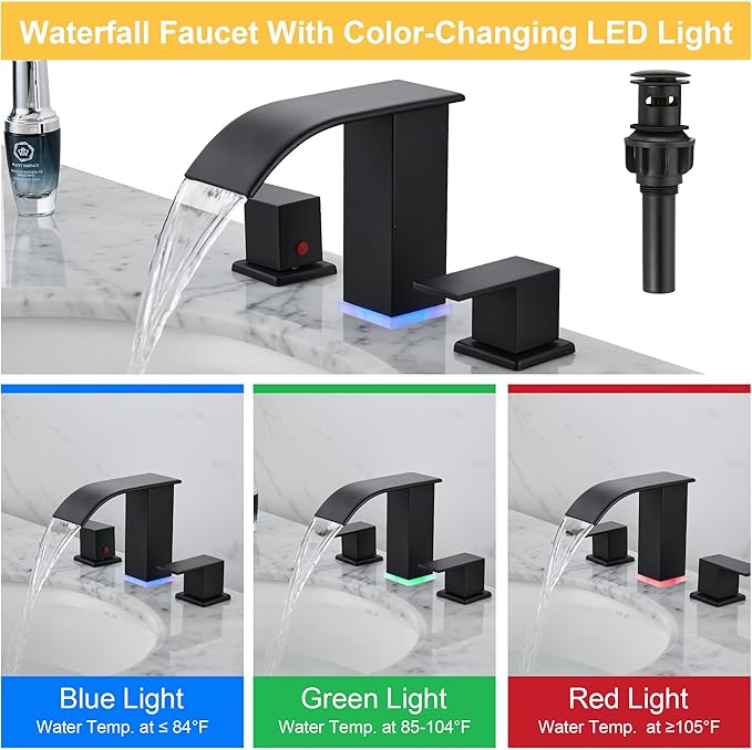 Bathroom Faucets 8 Inch Widespread Bathroom Sink Two Handles Matte Black Modern 3 Hole Waterfall Vanity Sink Faucet for 3 Hole with LED Light with Pop Up Drain