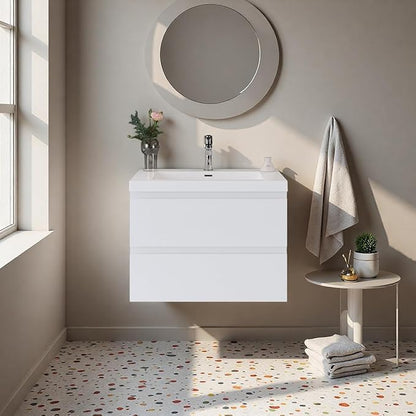 Bathroom Vanity with Sink, 30" Wall-Mounted Bathroom Storage Cabinet with Resin Basin & 2 Soft-Close Drawers, Modern Stylish Floating Vanity with Open Back Design, Easy to Clean, White