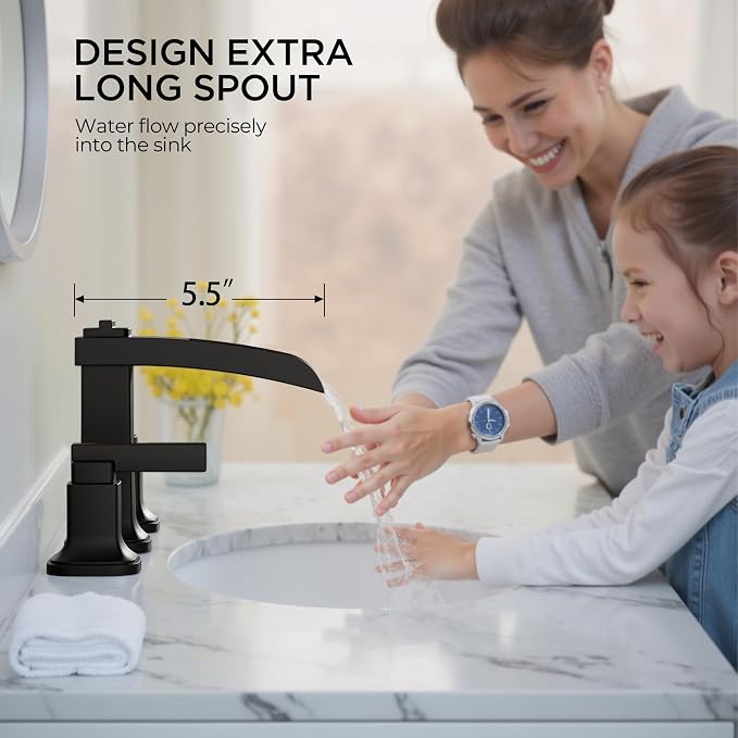 FORIOUS Brass Matte Black Commercial Bathroom Faucets 3 Hole, Waterfall Modern Widespread 8 Inch Bathroom Sink Faucet with Metal Pop-up Drain and Pre-Assembled Hose for Vanity, Restroom,Bathtub