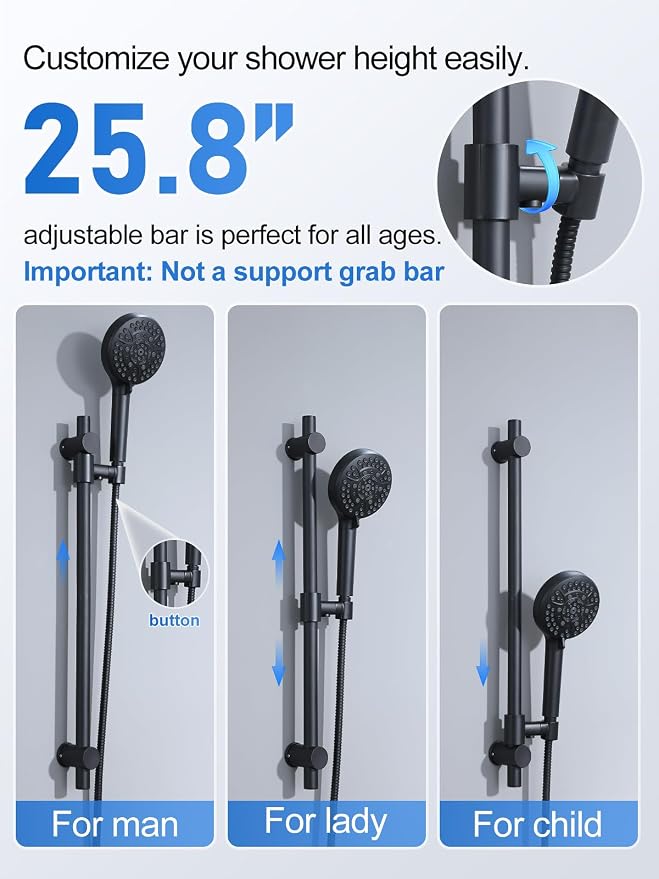 Woindo Shower Faucet Set with Slide Bar, 12" Rain Shower Head/8'' Side Shower Head and 10 Setting Handheld Ceiling Mount 3 Push Button Diverter Complete Rainfall Shower System Included Valve Trim Kit