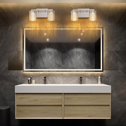 SineRise 2-Light Brushed Nickel Vanity Light with 3 Color Modes (3000K/4000K/6000K), Eye Protection LED Bathroom Light Fixture, Dimmable Modern Wall Light Over Mirror with Clear Glass Shade