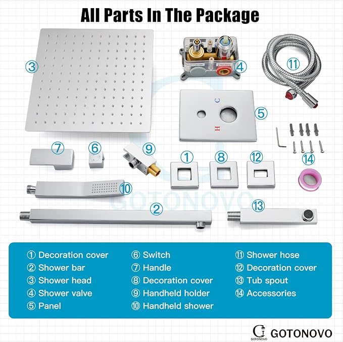 gotonovo Bathtub Shower Faucet Set, 12 Inch Shower Head, Polish Chrome | Wall Mounted Shower System with Tub Spout for Bathroom, Square High Pressure Rain Shower head with Handheld Spray, All Metal