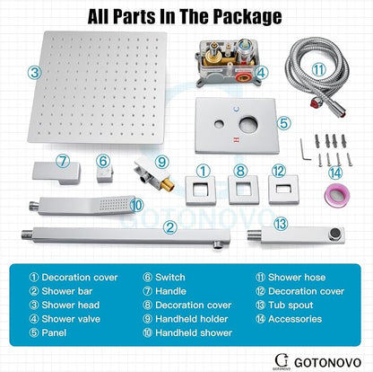 gotonovo Bathtub Shower Faucet Set, 12 Inch Shower Head, Polish Chrome | Wall Mounted Shower System with Tub Spout for Bathroom, Square High Pressure Rain Shower head with Handheld Spray, All Metal