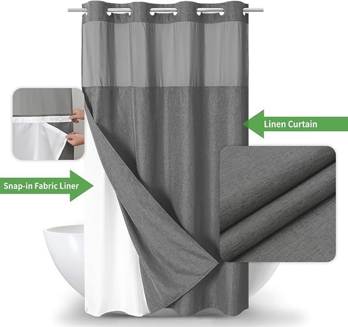 eachope No Hook Fabric Shower Curtain with Snap-in Liner,54x80Charcoal Grey | Linen Texture,230GSM Thick Fabric,Hotel Luxury Decor,Mesh Window,Waterproof & Machine Washable,for Shower Stall or Bathroom
