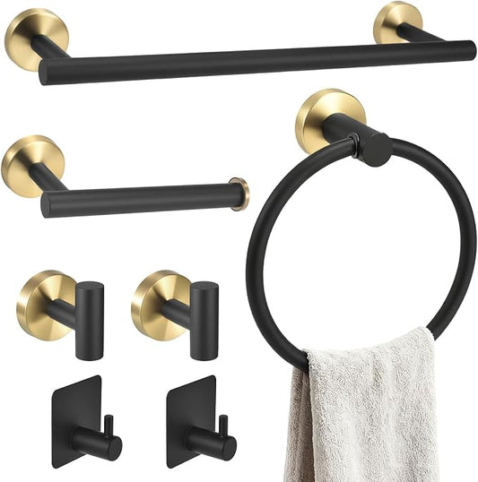 7 Pcs Bathroom Accessories Set, Towel Racks for Bathroom | Black and Gold Bathroom Accessories with Stainless Steel,featuring Bathroom Towel Holder for modern bathroom style.