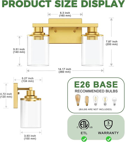 DORESshop Bathroom Light Fixtures, 2-Light Vanity Light Over Mirror with Clear Glass Shade, Vanity Lights for Living Room Bedroom, Gold, ETL Listed