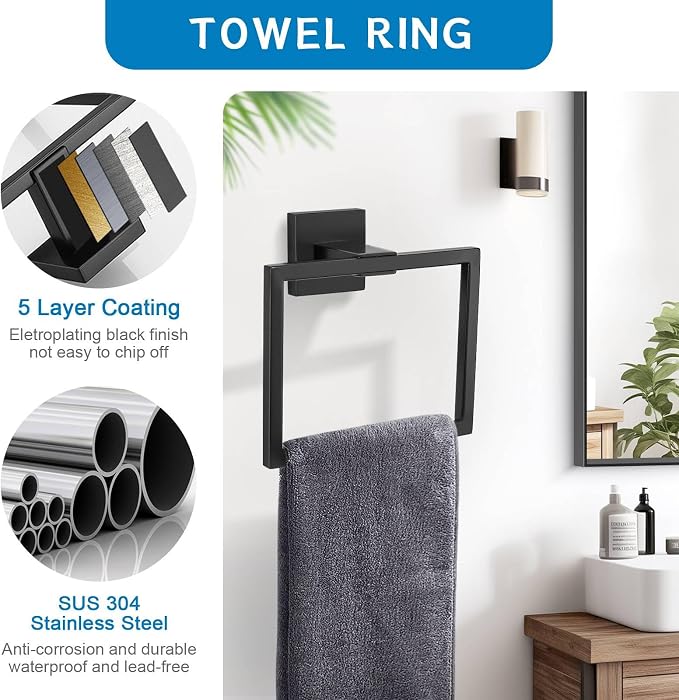 Matte Black 10 Pieces Bathroom Hardware Accessories Set Towel Bar Set Towel Holder Racks Set for Bathroom,SUS304 Stainless Steel,Wall Mounted 16-Inch