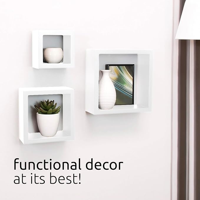 Kiera Grace Cubbi Floating Shelves, Modern Wall-Mounted Square Shelves for Bedroom, Bathroom, Kitchen, Easy to Hang, 5"/7"/9", , Set of 3