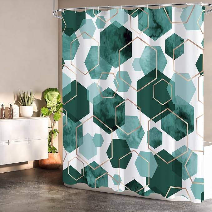 Litabel Long Shower Curtain for Bathroom, Geometric Bathroom Decor 72x78 | Long Modern Minimalist Shower Curtais, Dark Green Geometric Art Print Abstract Waterproof Bath Curtain