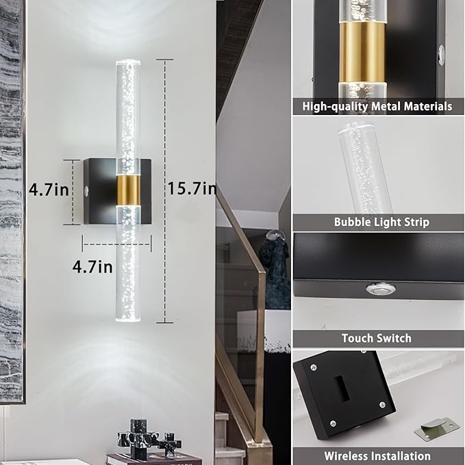 Battery Operated Wall Sconces Set of Two, Rechargeable Modern Crystal Bathroom Sconces, 3000K-6000K Dimmable Gold LED Wireless Wall Lights for Vanity Bedroom Living Room Hallway（Black Gold）