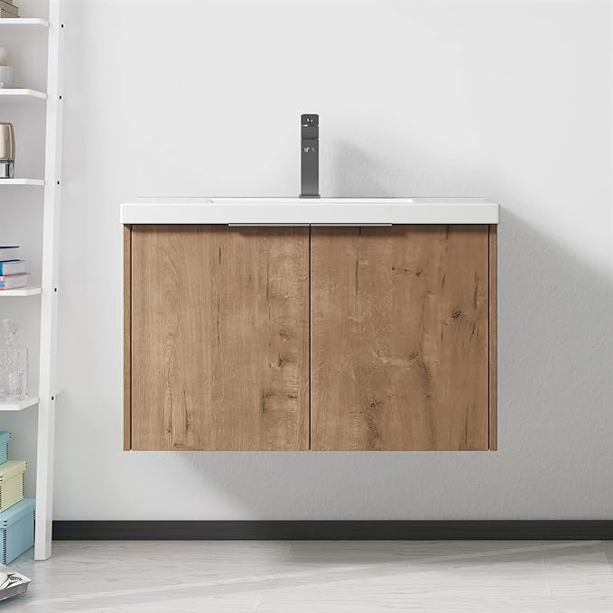 SSLine Wall Mounted Bathroom Vanity with Sink Combo Modern 30-Inch Single Bathroom Vanity Set with Top Basin &Storage Cabinet Wood Hanging Bath Cabinet w/Resin Sink for Small Space(Brown)