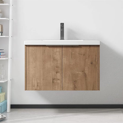 SSLine Wall Mounted Bathroom Vanity with Sink Combo Modern 30-Inch Single Bathroom Vanity Set with Top Basin &Storage Cabinet Wood Hanging Bath Cabinet w/Resin Sink for Small Space(Brown)