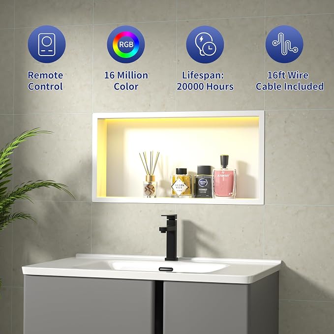 Stainless Led Shower Niche 24"x12" White RGB Light No Tile Needed | 304 stainless steel shower niche,recessed niche shower,Led driver & remote control included,dimmable,bathroom shower storage