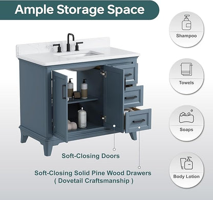42 Inch Bathroom Vanity with Sink, Fully Assembled Solid Wood Frame Bathroom Vanities with 2 Soft Closing Doors, 3 Full Extension Dovetail Drawers, Quartz Top, Steel Blue
