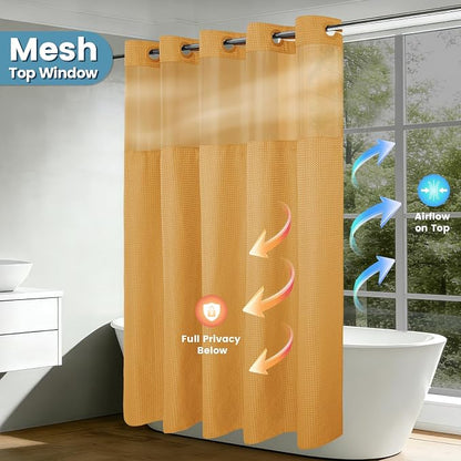 EUTXL 256GSM Heavyweight Hotel Shower Curtain - Waffle Textured Heavy Duty Thick Fabric Shower Curtains for Bathroom,71W x 74H,Gold