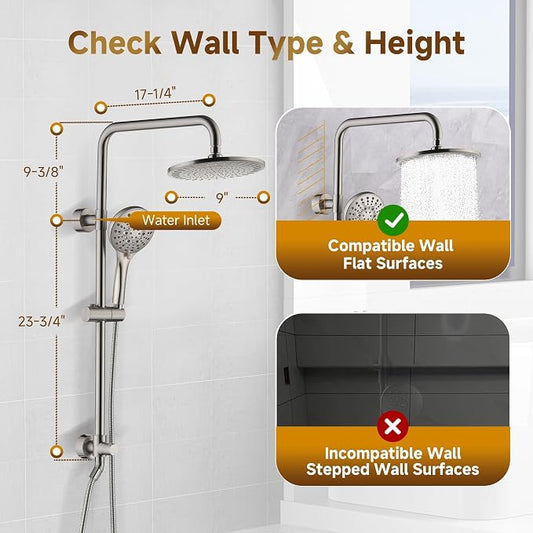BRIGHT SHOWERS Rain Shower Heads System - 9 Inch Rainfall Shower Head and Handheld Shower Head with Height Adjustable Holder, Solid Brass Rail and 60" Long Stainless Steel Shower Hose, Brushed Nickel