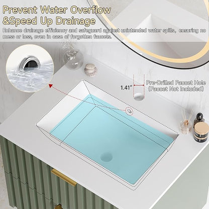 ONBRILL 24 Inch Bathroom Vanity with Sink Combo, Floating Bathroom Vanity with 2 Fluted Drawers & Metal Handle, Modern Wall Mount Storage Cabinet with Ceramic Integrated Sink for Small Space (Green)