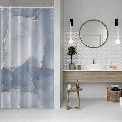 AWERT Small Half Size Stall Shower Curtain with 6 Hooks Shower Stall Curtain 36 x 72 Light Blue Marble Gold 36 inch Shower Curtain for Bathroom/RV and Camper (Blue Marble)