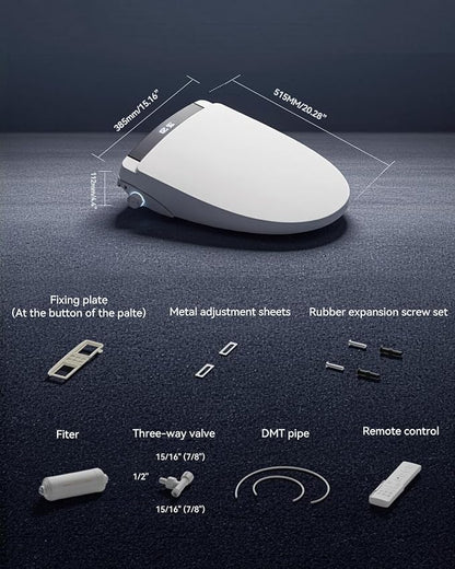 Electric Heated Bidet Toilet Seat with Auto Open/Close，Heated Toilet Seat, Instant Warm Water, Warm Air Dryer, Rear & Feminine with Oscillating Cleansing,LED Display,Remote Control,Elongated