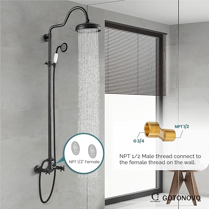 gotonovo Luxury Exposed Shower Faucet Set Bathroom Shower System 8 Inch Wall Mount Rainfall Shower Head with Handheld Spray Cross Double Handle Shower Fixture Adjustable Arc Rod Oil Rubbed Bronze