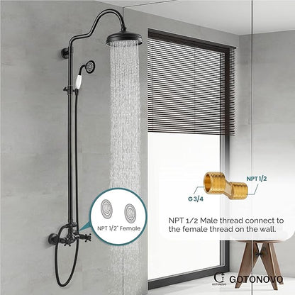 gotonovo Luxury Exposed Shower Faucet Set Bathroom Shower System 8 Inch Wall Mount Rainfall Shower Head with Handheld Spray Cross Double Handle Shower Fixture Adjustable Arc Rod Oil Rubbed Bronze