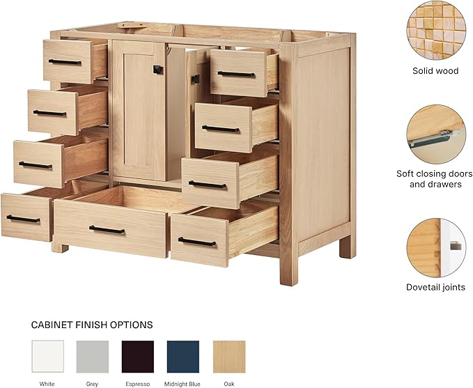 ARIEL Cambridge 42-inch Bathroom Vanity Base Cabinet,Solid Wood, 2 Soft Closing Doors, 9 Dovetail Drawers, White Oak