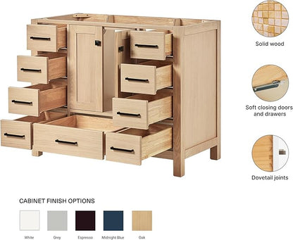 ARIEL Cambridge 42-inch Bathroom Vanity Base Cabinet,Solid Wood, 2 Soft Closing Doors, 9 Dovetail Drawers, White Oak