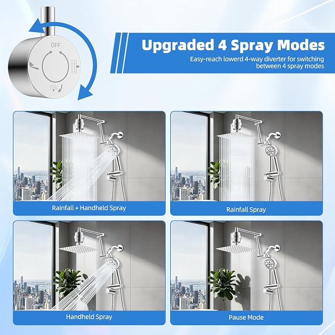 10" Metal Rain Filtered Shower Head with Handheld, 10 Modes, Easy Reach | Chrome, High-Pressure Rainfall Showerhead, 4-Way Diverter Pause Mode, Adjustable 16" Extension Arm, 20-Stage Shower Filter