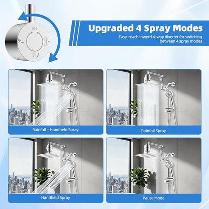 10" Metal Rain Filtered Shower Head with Handheld, 10 Modes, Easy Reach | Chrome, High-Pressure Rainfall Showerhead, 4-Way Diverter Pause Mode, Adjustable 16" Extension Arm, 20-Stage Shower Filter