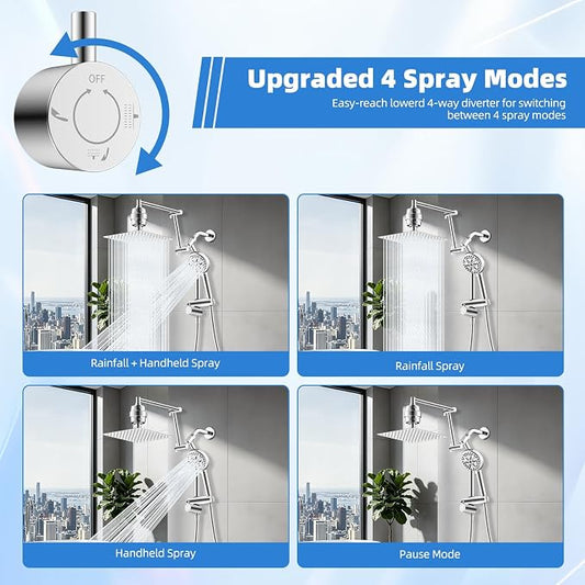 10" Metal Rain Filtered Shower Head with Handheld, 10 Modes, Easy Reach | Chrome, High-Pressure Rainfall Showerhead, 4-Way Diverter Pause Mode, Adjustable 16" Extension Arm, 20-Stage Shower Filter
