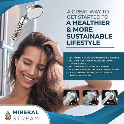 MineralStream Ionic Shower Head 2.0 Full Kit with Replacement Beads + Hose + Shower Holder + Arm Diverter| 3 Settings High Pressure Water Saving Showerhead for Dry Hair & Skin