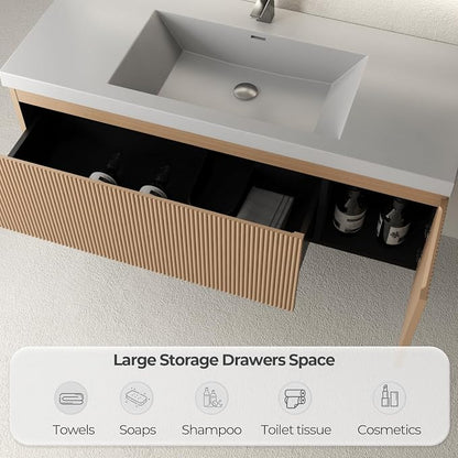 48 Inch Floating Bathroom Vanity with Sink, Wall-Mounted Striped Storage Cabinet with Soft-Close Drawer, Glossy White Solid Surface Basin, Fully Assembled, Natural Oak Finish