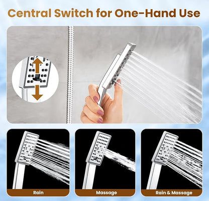 BRIGHT SHOWERS Rain Shower Head with Handheld Spray, 8 Inch High Pressure Rainfall Shower Head Combo with 60” Hose, Adjustable Dual Square Showerhead with 3-Way Diverter, Wall Bracket, Chrome